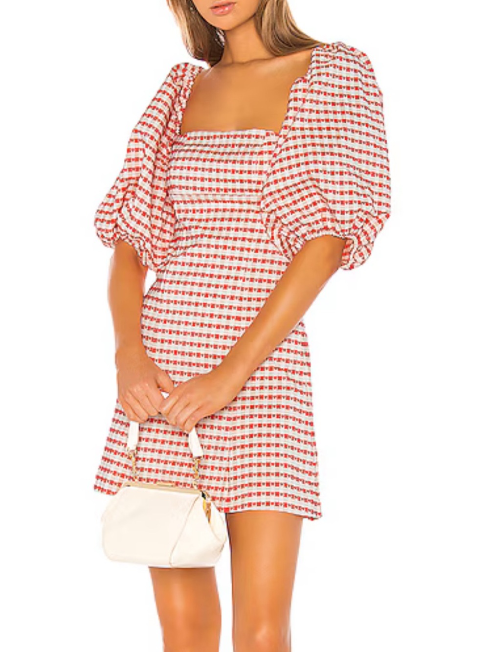 LPA Carly Red and White Heart Gingham Puff-Sleeve Mini Dress